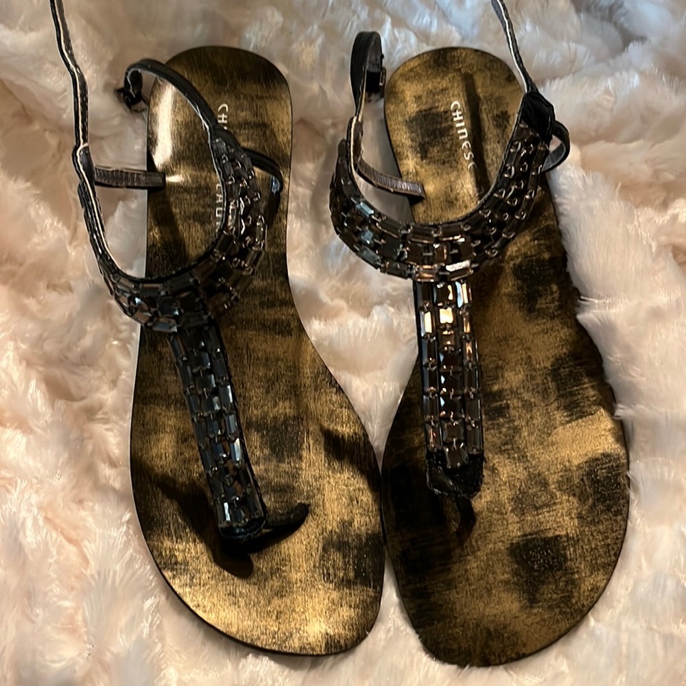 Black & Gold Rhinestone Thong Sandal